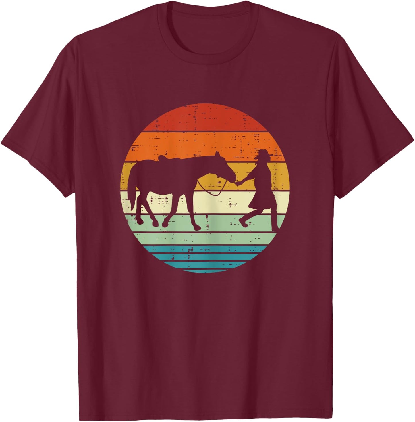 Horse And Girl Silhouette Sunset Retro Cowgirl Equestrian T-Shirt - T-Shirt | Maroon