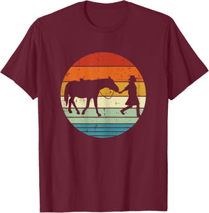 Horse And Girl Silhouette Sunset Retro Cowgirl Equestrian T-Shirt - T-Shirt | Maroon