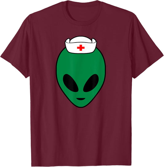 Cool Green Alien Head With Nurse's Hat Funny - Nurse Alien T-Shirt - T-Shirt | Maroon