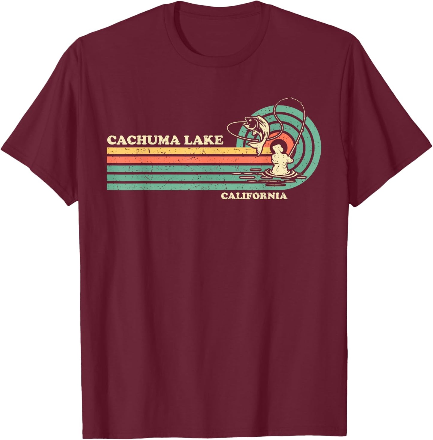 Vintage Retro Summer Fishing California Cachuma Lake T-Shirt - T-Shirt | Maroon