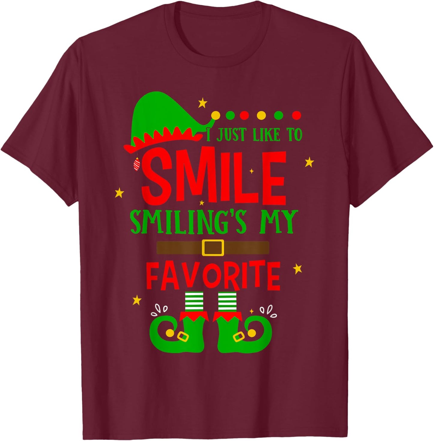 Smiling Is My Favorite Cute Christmas Elf Matching Family T-Shirt - T-Shirt | Maroon