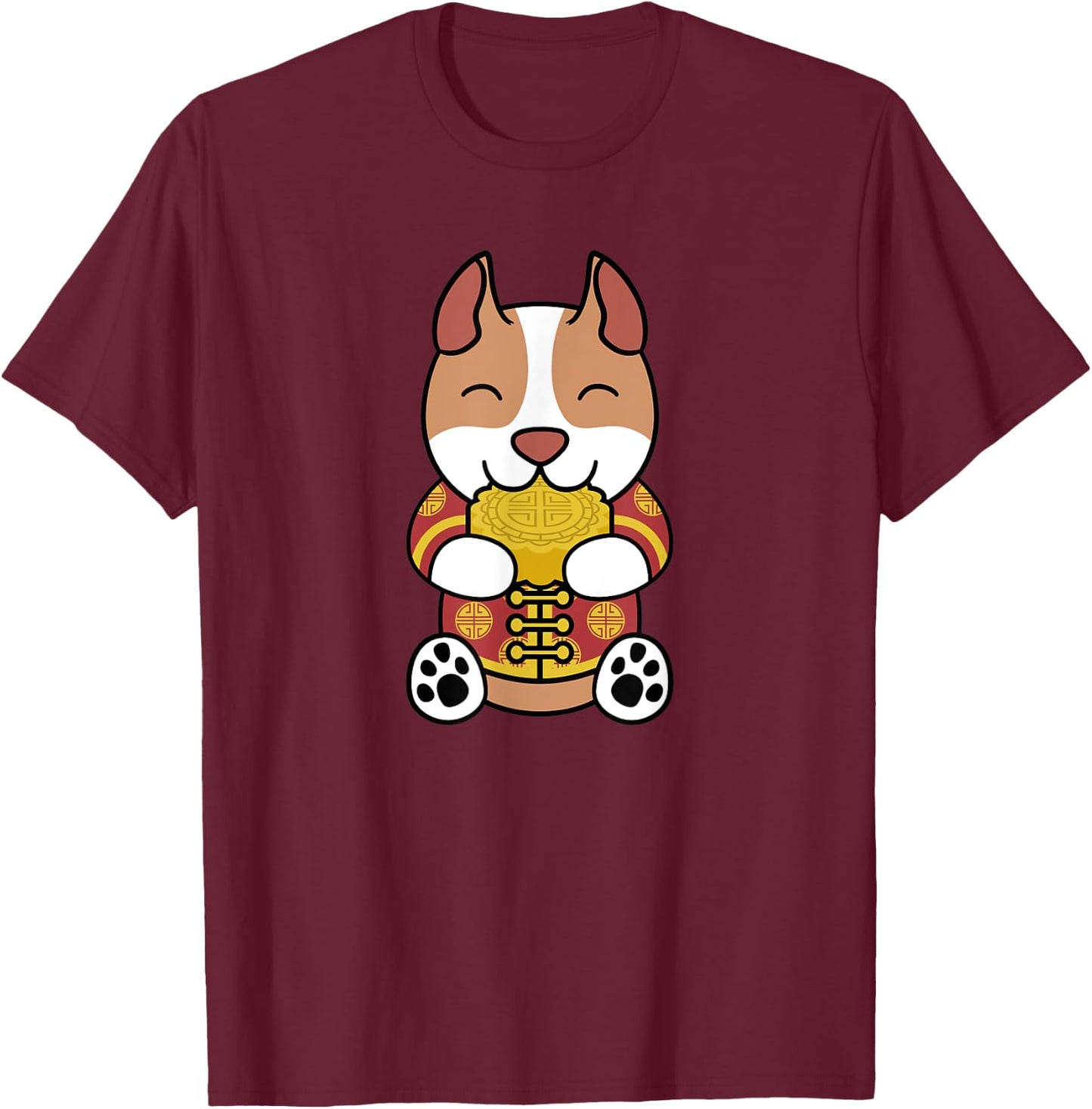Chinese Costume Mooncake Pit Bull Dog T-Shirt - T-Shirt | Maroon