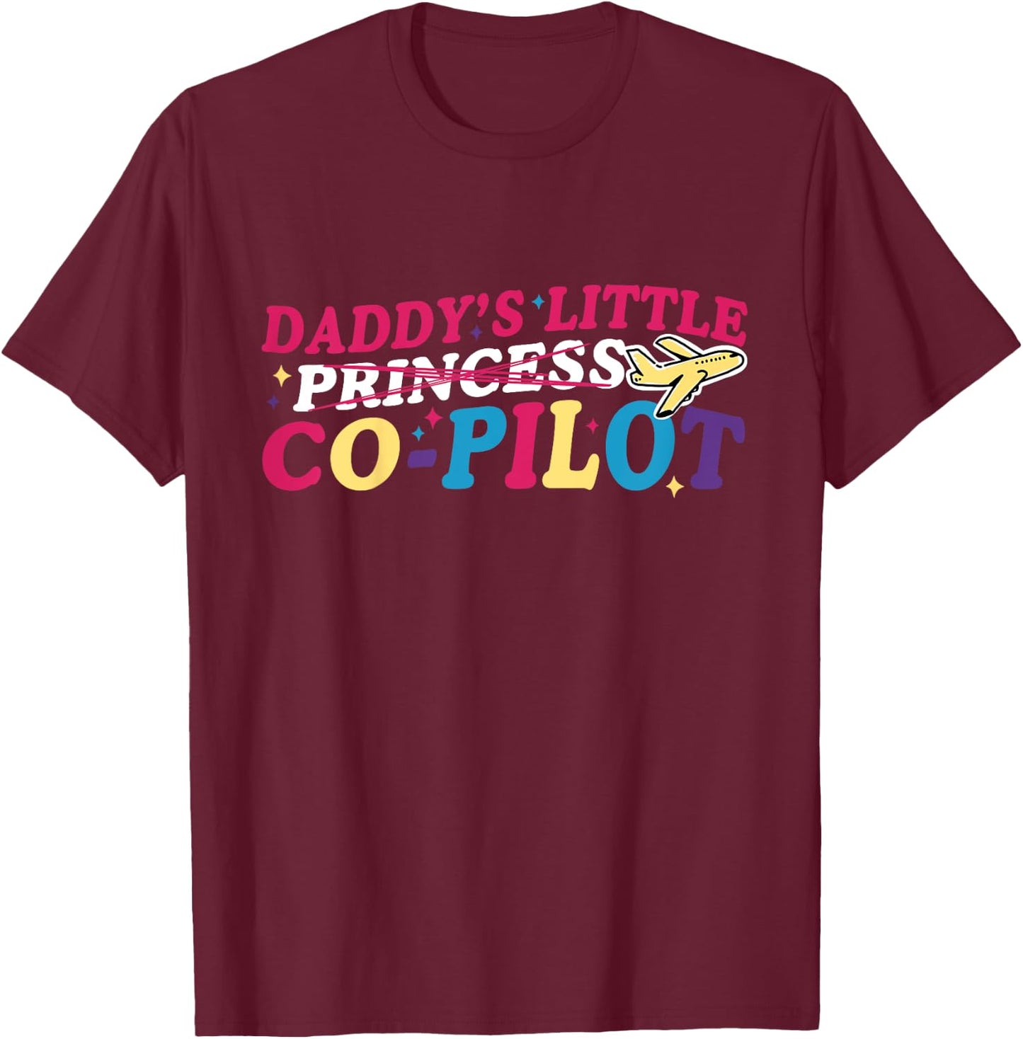 Daddy's Little Co-Pilot Girls Retro Groovy Airplane T-Shirt - T-Shirt | Maroon