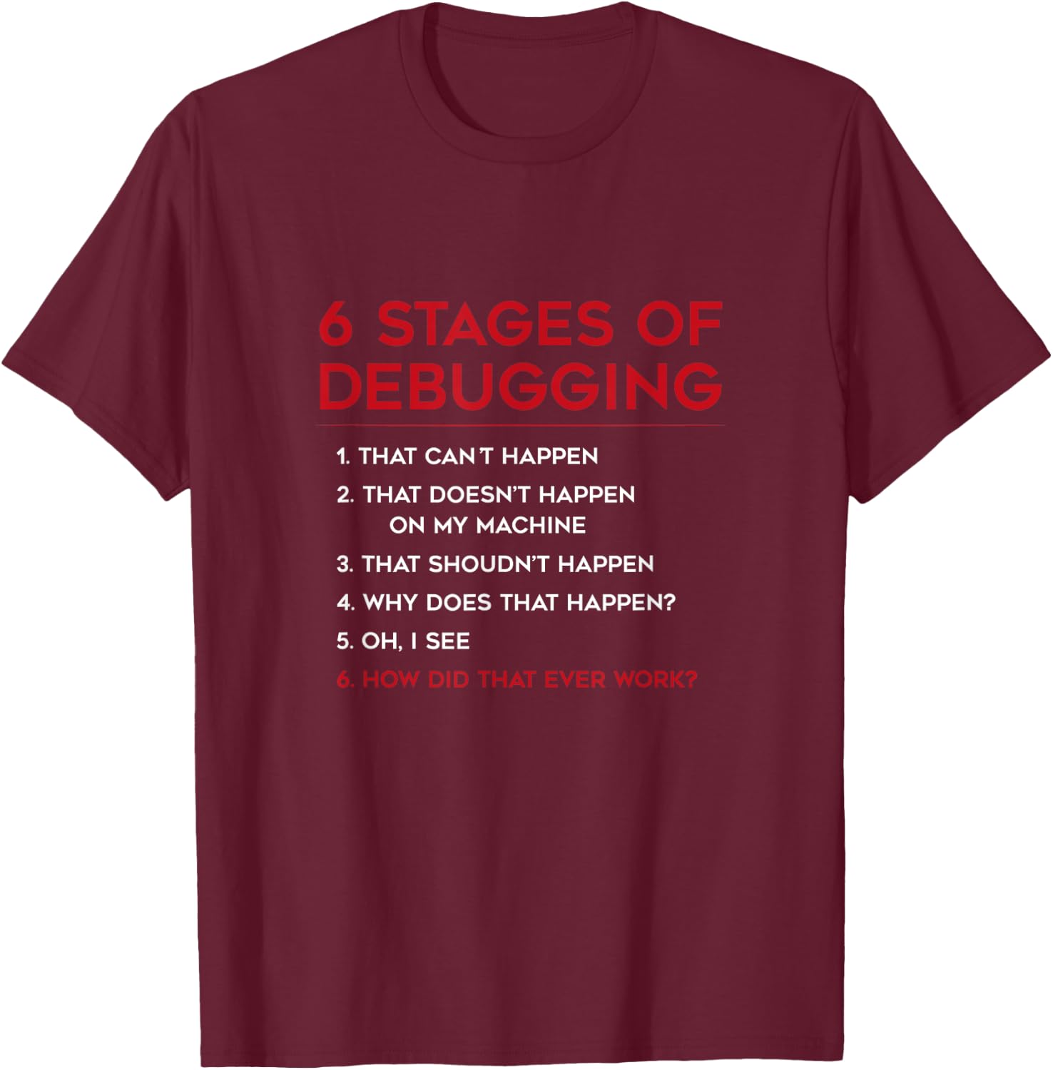 Coding 6 Stages of Debugging Bug Computer Programmer T-Shirt - T-Shirt | Maroon