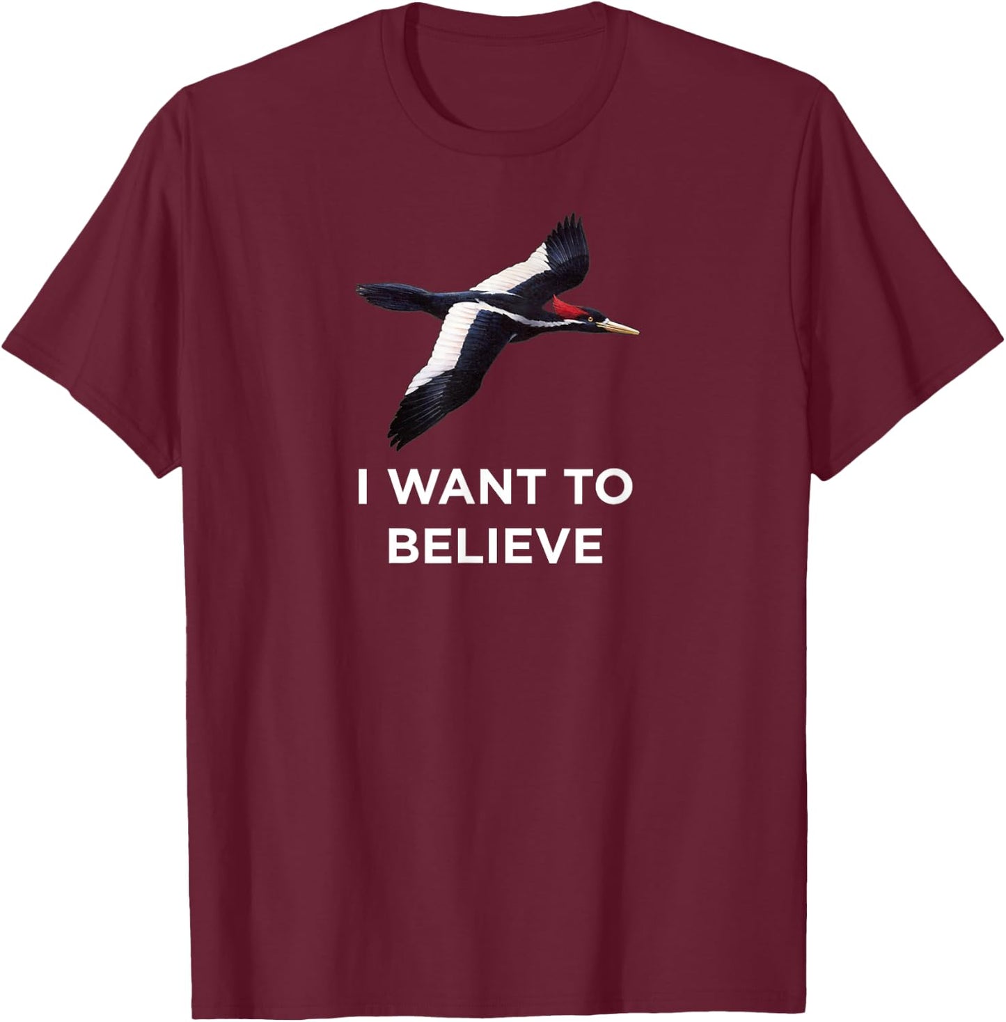 Bird Nerd Wear Ivory Calculated Woodpecker I Want To Believe T-Shirt - T-Shirt | Maroon