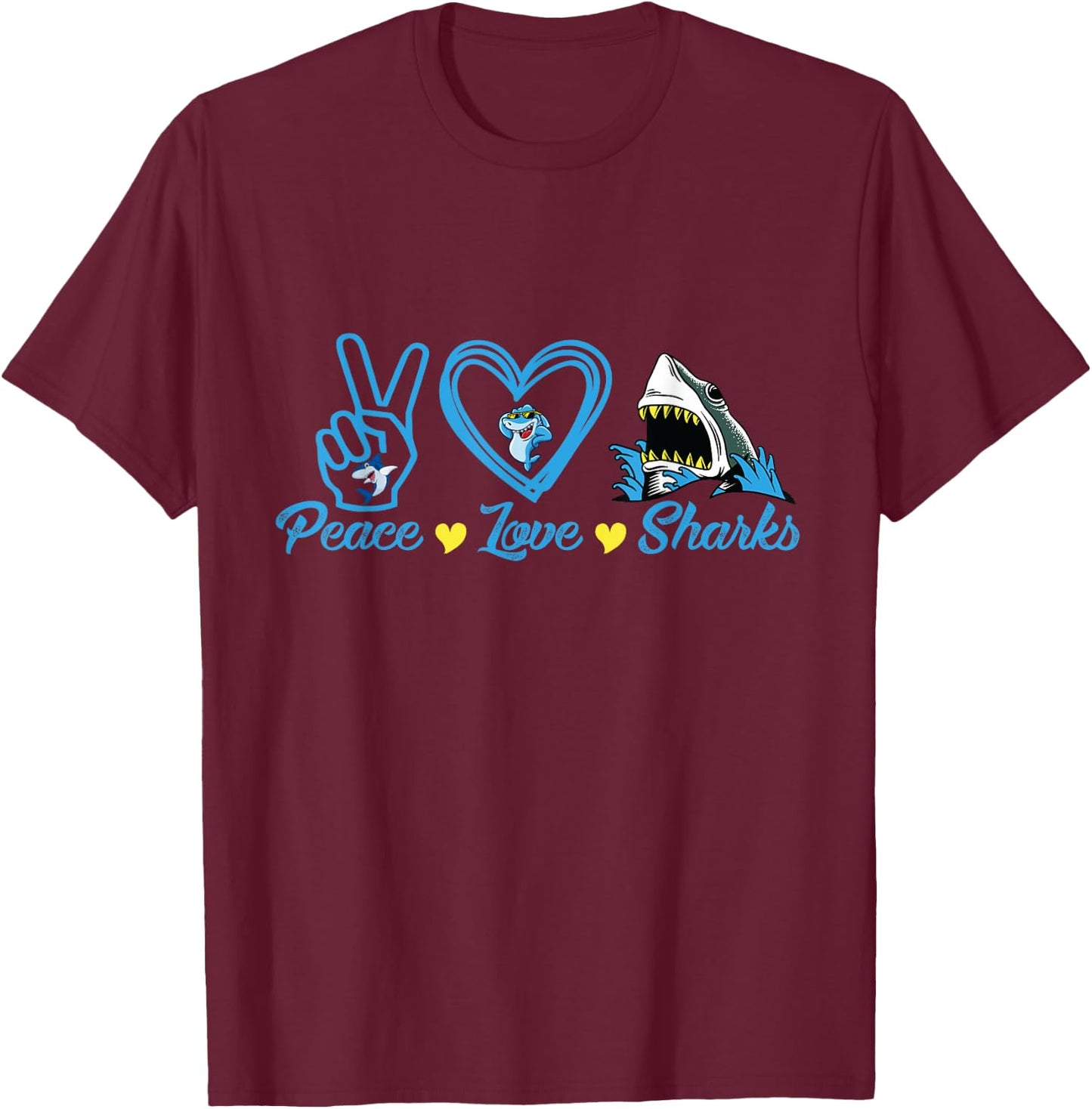 Peace Love Sharks - Shark Lover Gift T-Shirt - T-Shirt | Maroon