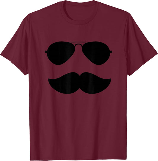 Aviator Sunglasses and Moustache T-Shirt - T-Shirt | Maroon