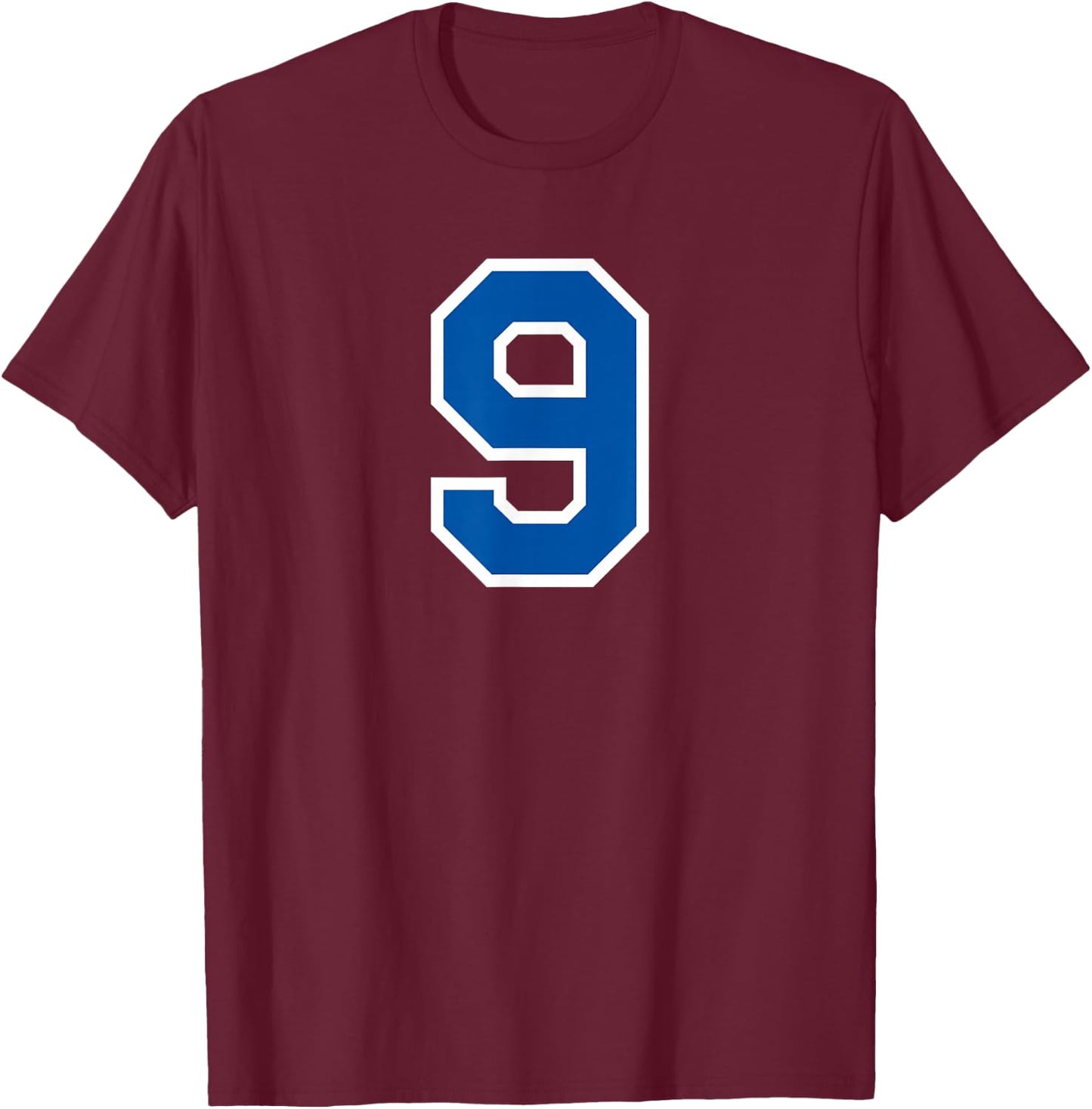 Number #9 Varsity White Blue Sports Team T-Shirt - T-Shirt | Maroon
