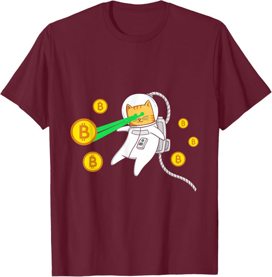 Space Astronaut Cat Bitcoin Laser Eyes Cryptocurrency BTC Women T-Shirt - T-Shirt | Maroon
