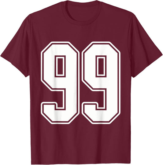 #99 White Outline Number 99 Sports Fan Jersey Style T-Shirt - T-Shirt | Maroon
