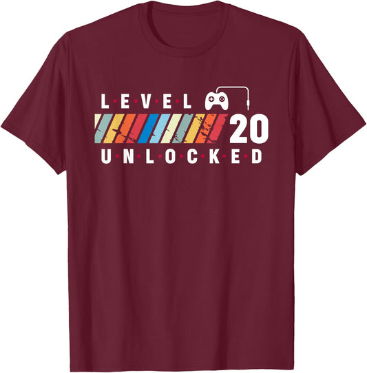 Level 20 Unlocked 20 Year Old Gamer 20th Video Game Birthday T-Shirt - T-Shirt | Maroon