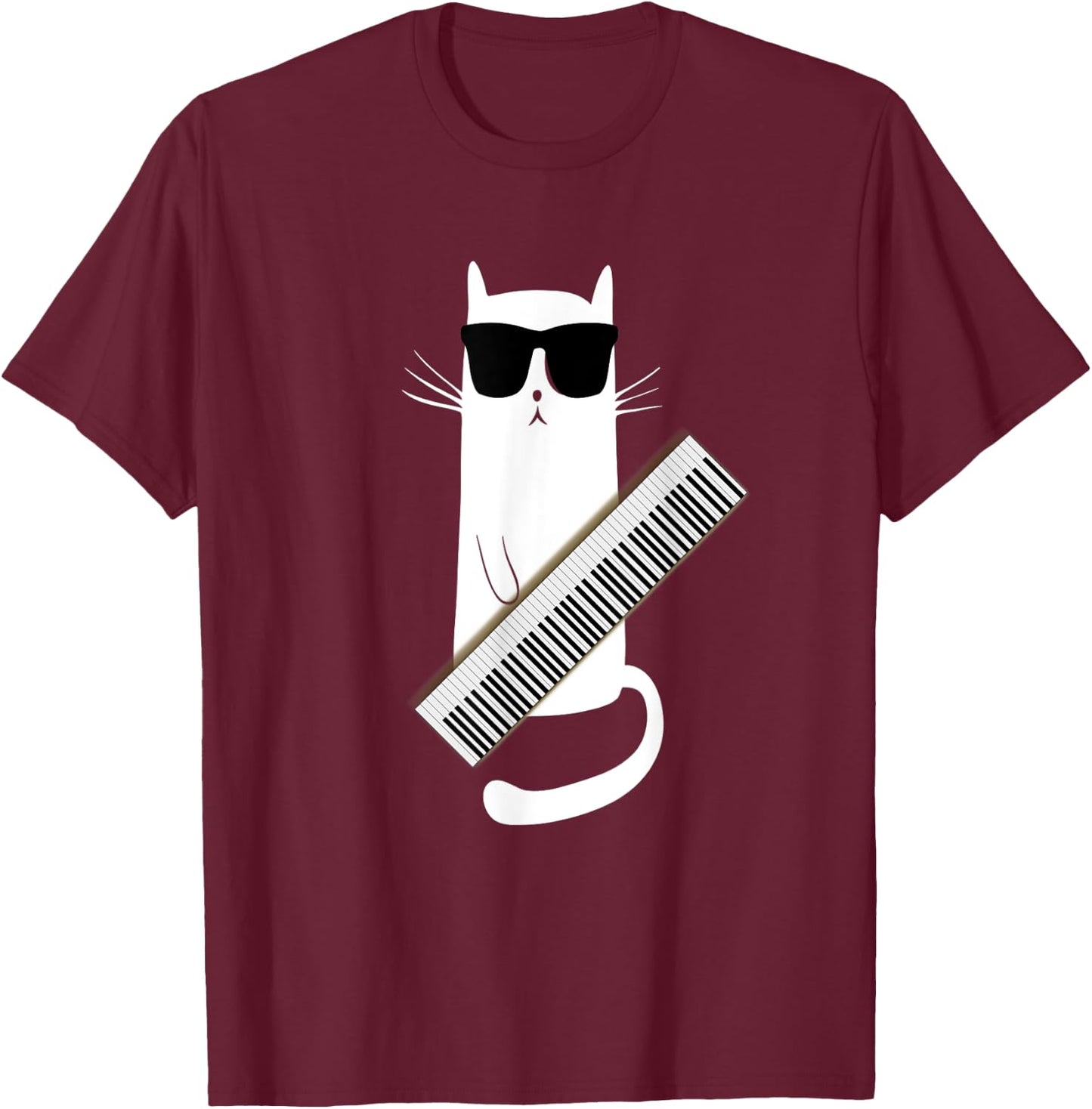 Cat Wearing Sunglasses Playing Keytar- Guitar Keyboard Shirt T-Shirt - T-Shirt | Maroon