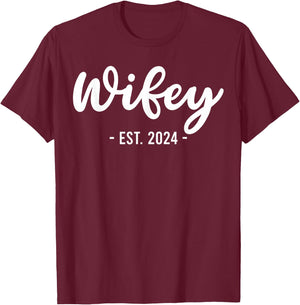 Wife Est 2024 Just Married Honeymoon Husband Wedding Couple T-Shirt - T-Shirt | Maroon