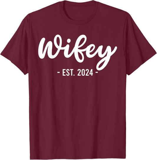 Wife Est 2024 Just Married Honeymoon Husband Wedding Couple T-Shirt - T-Shirt | Maroon