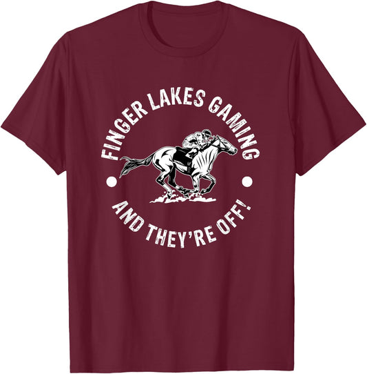 Finger Lakes Gaming Horse Racing Racer Equestrian NY Derby T-Shirt - T-Shirt | Maroon