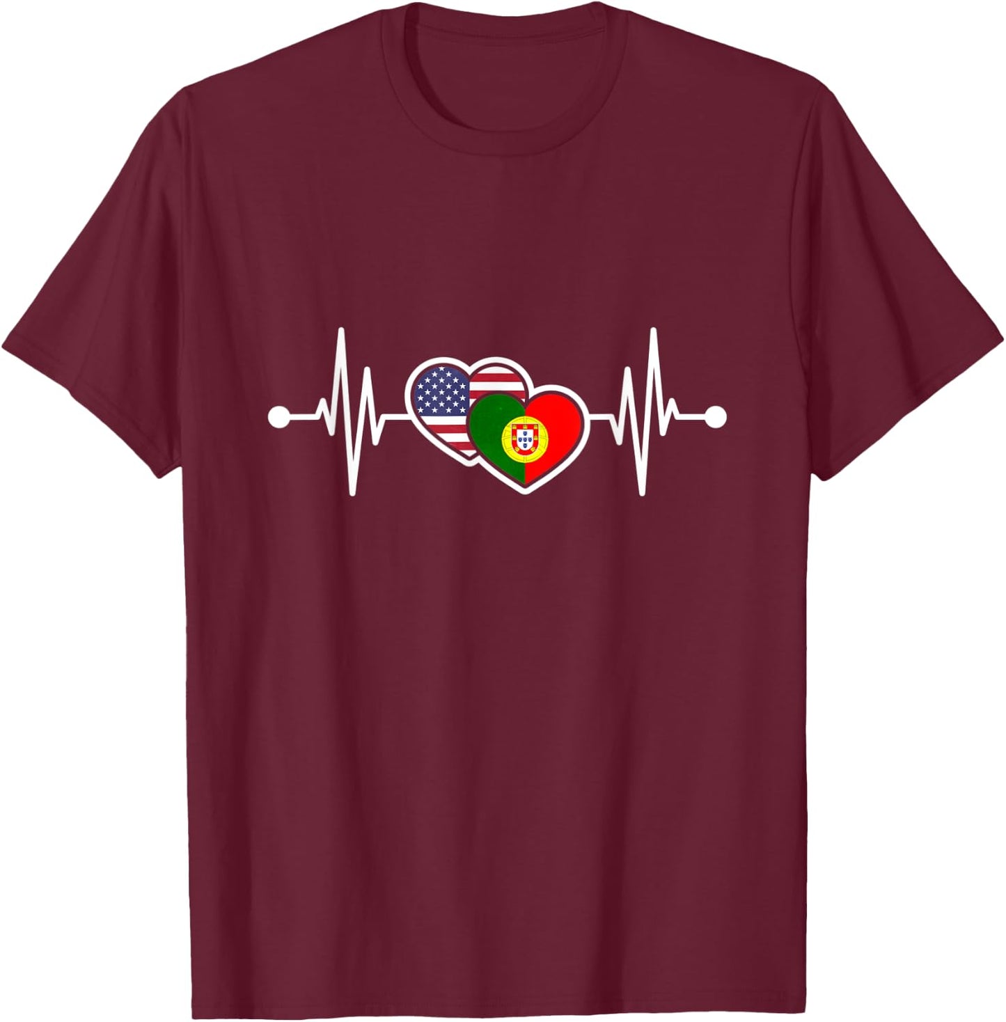 USA Heart Portugal Heartbeat Flag T-Shirt - T-Shirt | Maroon