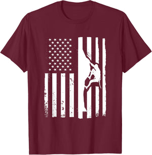 USA Flag Graphic Rock Climber Bouldering Mountaineering T-Shirt - T-Shirt | Maroon