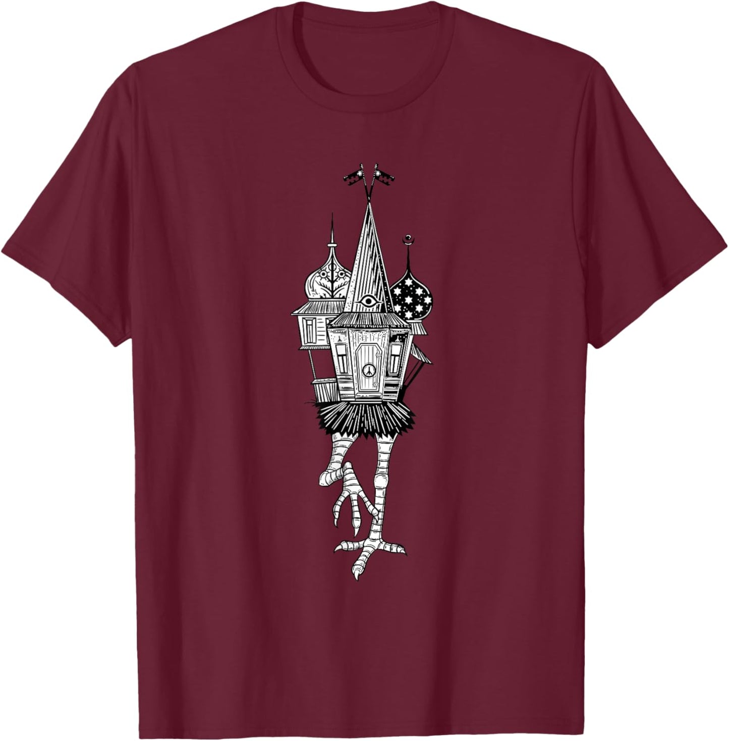 Walking House on Chicken Legs Slavic folklore Baba Yaga Art T-Shirt - T-Shirt | Maroon