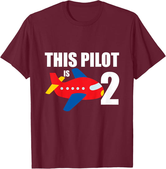 Kids Airplane 2nd Birthday 2 Years Old Toddler Boys Pilot Plane T-Shirt - T-Shirt | Maroon