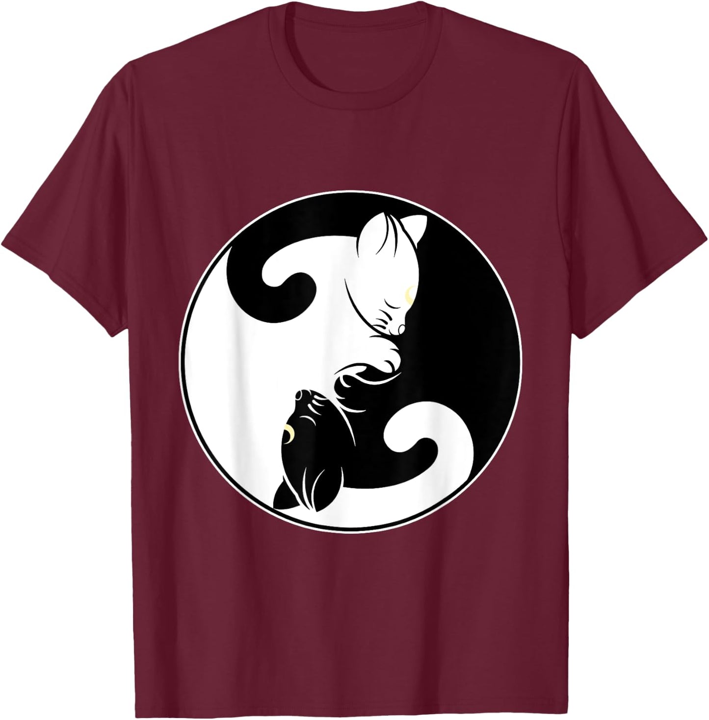 Kawaii Yin Yang Black Cat and Moon Crescent Head Cartoon Cat Kawaii Yin Yang Cat Moon Crescent T-Shirt - T-Shirt | Maroon