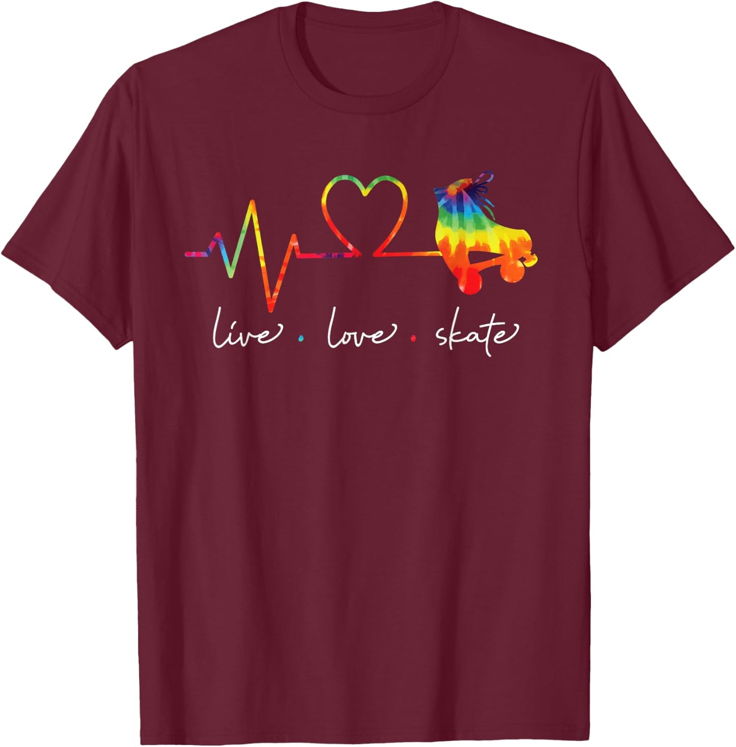 Cool Roller Skating Skate Girl Heartbeat Heart Tie Dye T-Shirt - T-Shirt | Maroon
