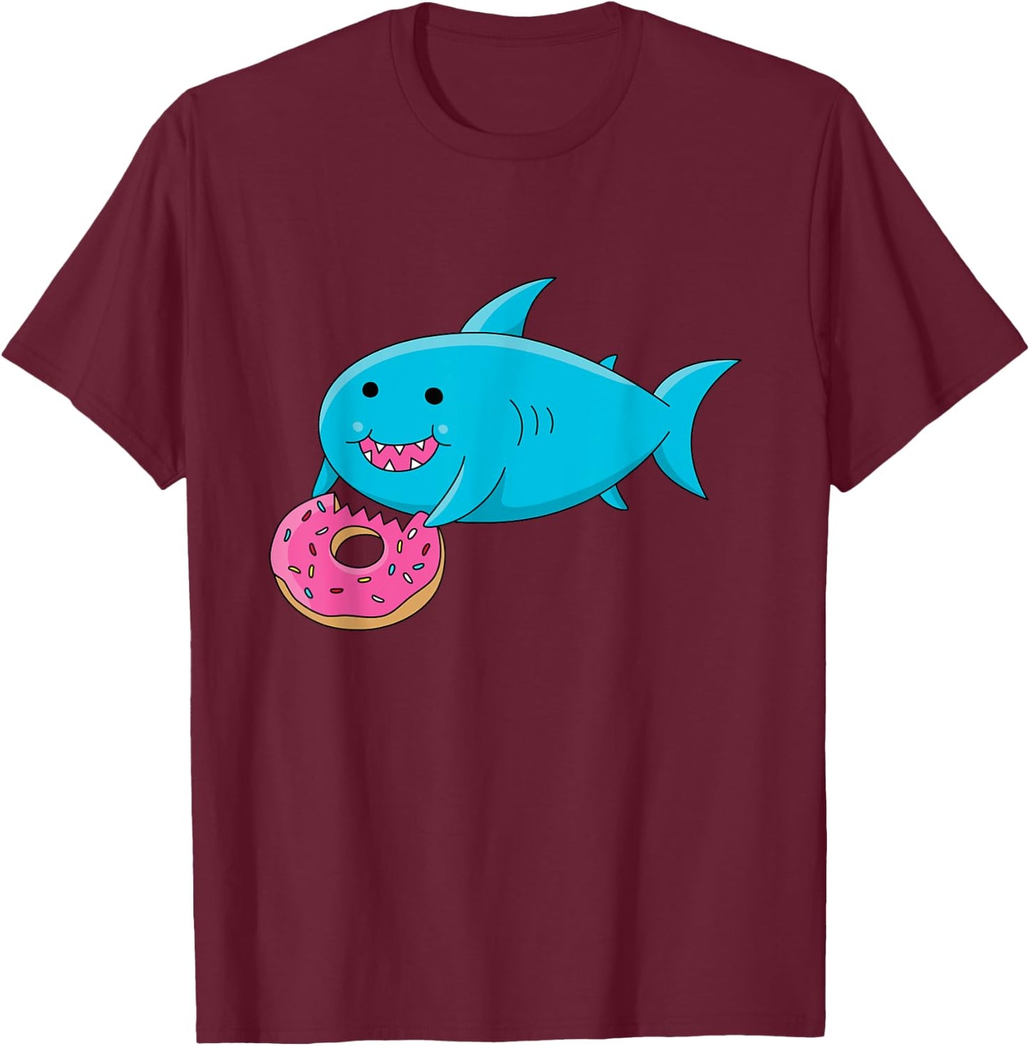 Cute Fat Shark Eating a Donut T shirt T-Shirt - T-Shirt | Maroon