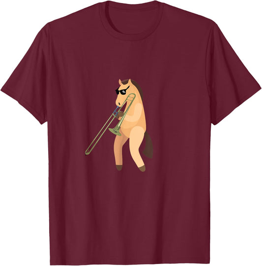 Funny Horse Wearing Sunglasses Playing Trombone T-Shirt - T-Shirt | Maroon