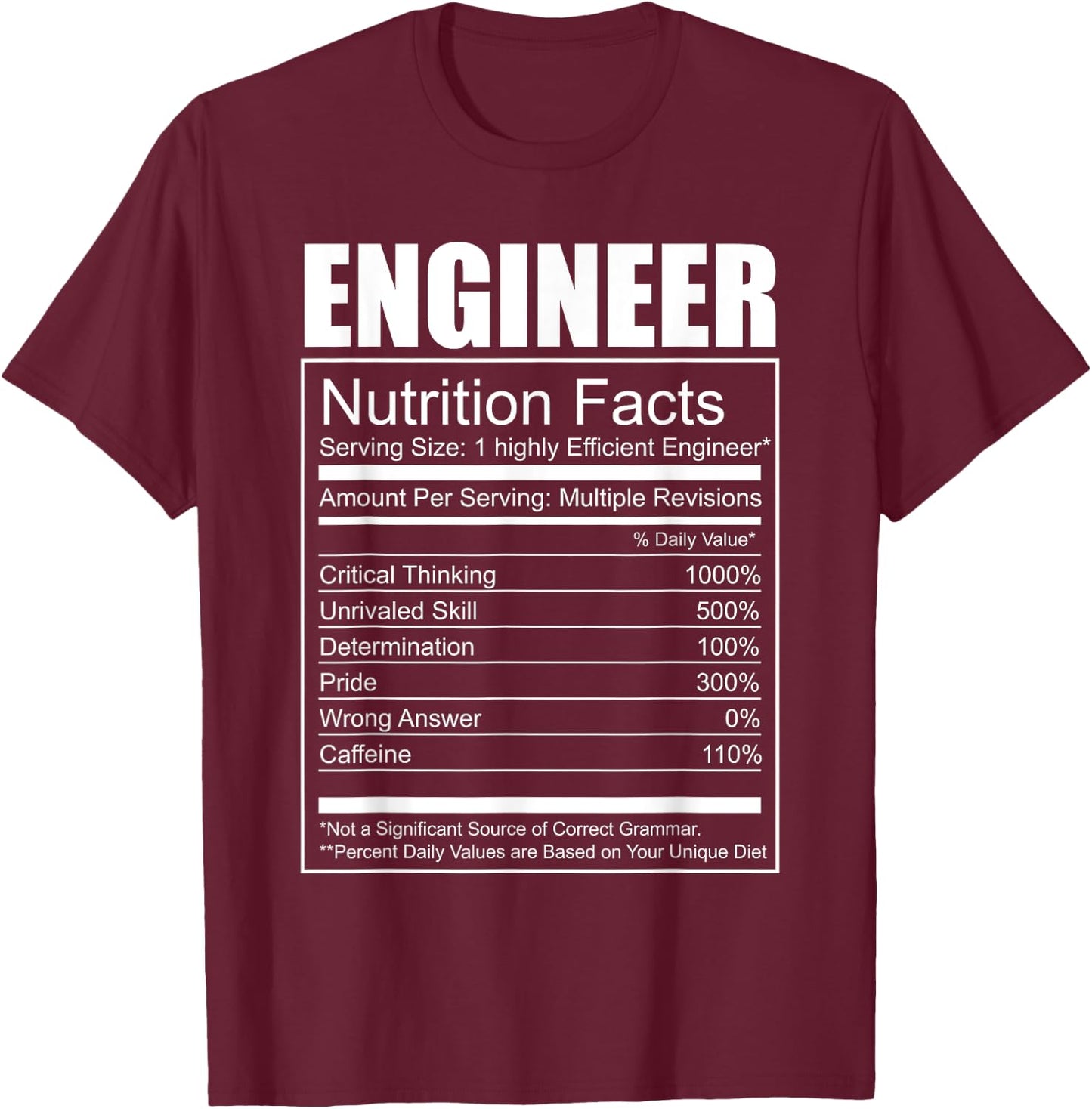 Engineer T Shirt - Funny Engineer Nutrition Facts Geeky T-Shirt - T-Shirt | Maroon