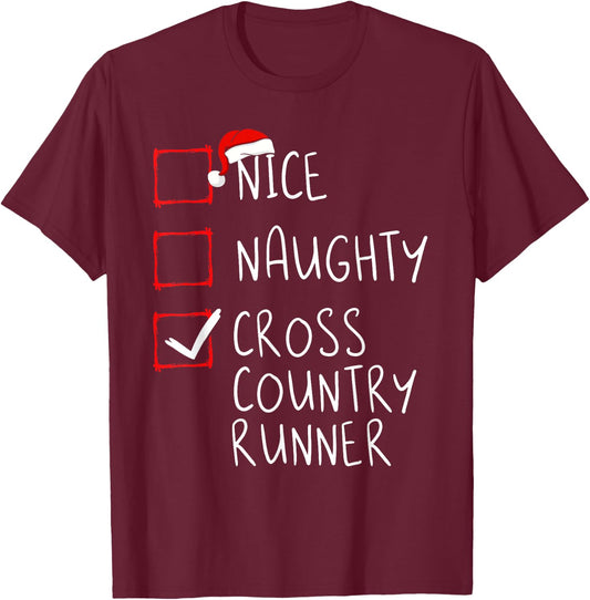 Nice Naughty Cross Country Runner List Christmas Santa Claus T-Shirt - T-Shirt | Maroon
