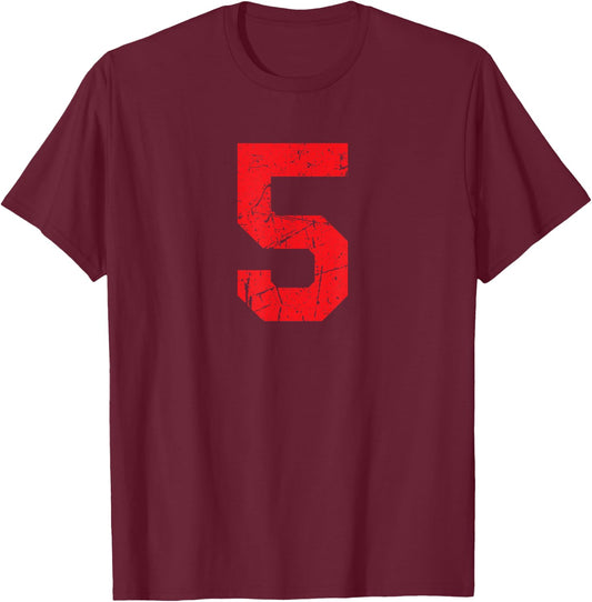 Number #5 Red Distressed Vintage Number T-Shirt - T-Shirt | Maroon