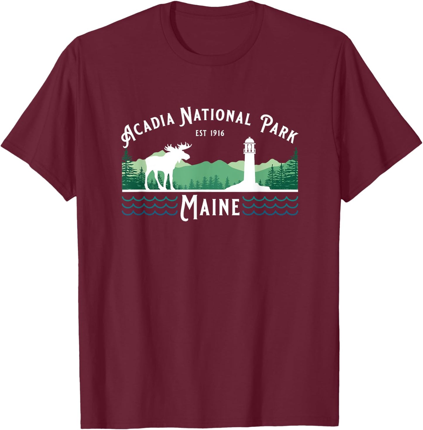 Acadia National Park Maine USA Lighthouse Moose Fishing T-Shirt - T-Shirt | Maroon