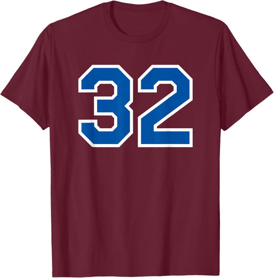 Number #32 White Blue Varsity Number T-Shirt - T-Shirt | Maroon