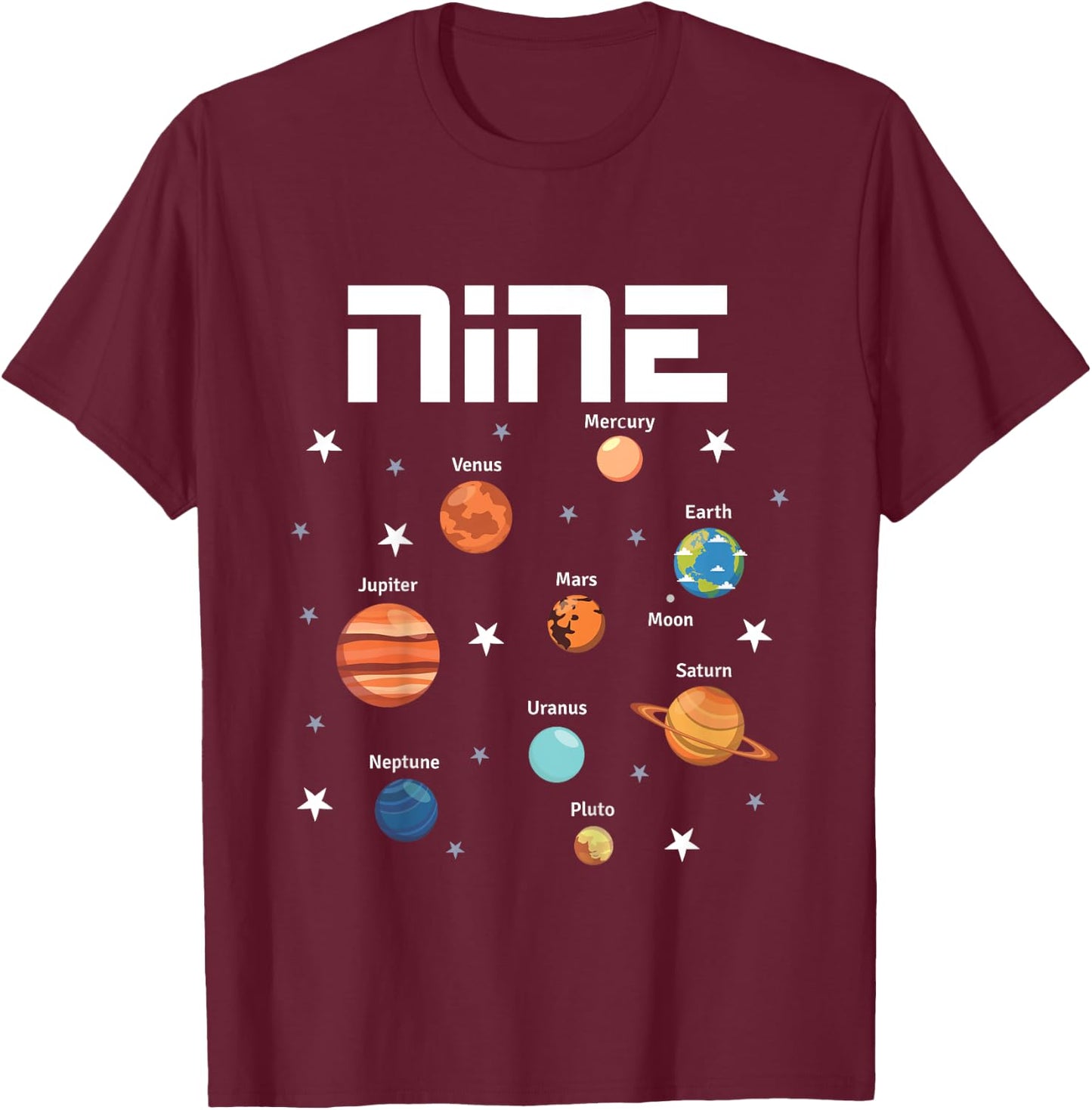 9 Year Old Outer Space Birthday Shirt Solar Planets 9th Gift T-Shirt - T-Shirt | Maroon