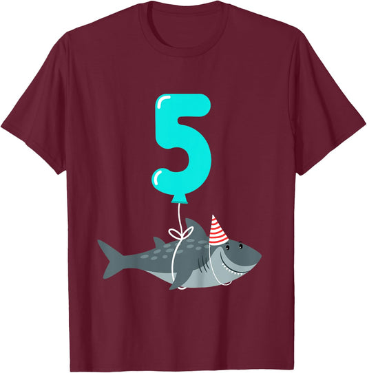 5th Birthday Shark Shirt | Cute 5 Year Old Shark Gift Shirt T-Shirt - T-Shirt | Maroon