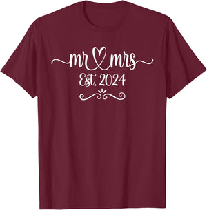 Mr. And Mrs. Est. 2024 Just Married Husband & Wife T-Shirt - T-Shirt | Maroon
