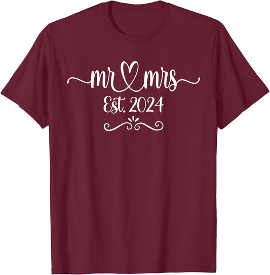 Mr. And Mrs. Est. 2024 Just Married Husband & Wife T-Shirt - T-Shirt | Maroon