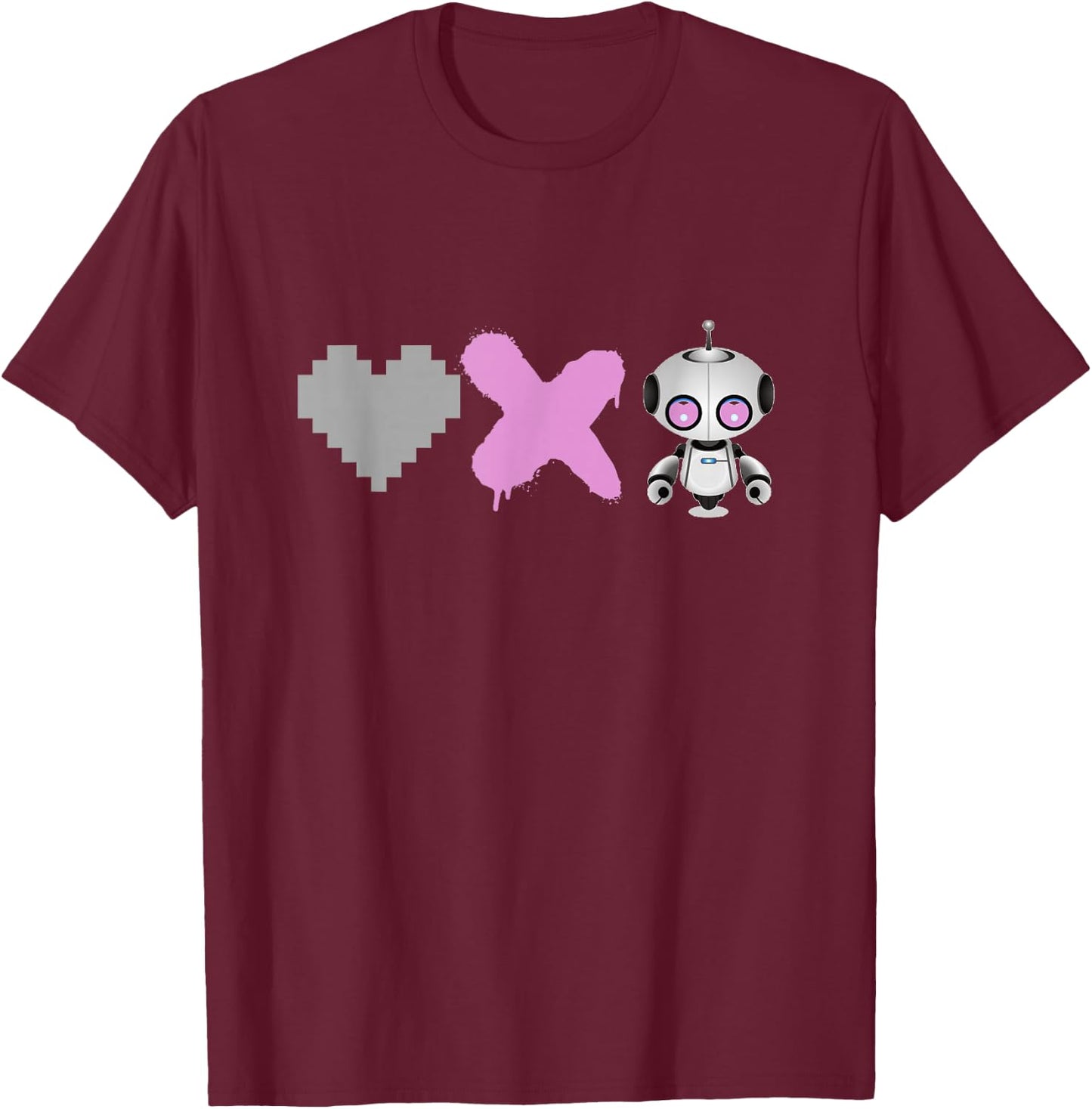 Love Death Robots - Pink Pixel Heart, X and Cute Robot T-Shirt - T-Shirt | Maroon