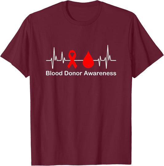 Blood Donor Awareness Heartbeat, Red Ribbon, Donate Blood T-Shirt - T-Shirt | Maroon