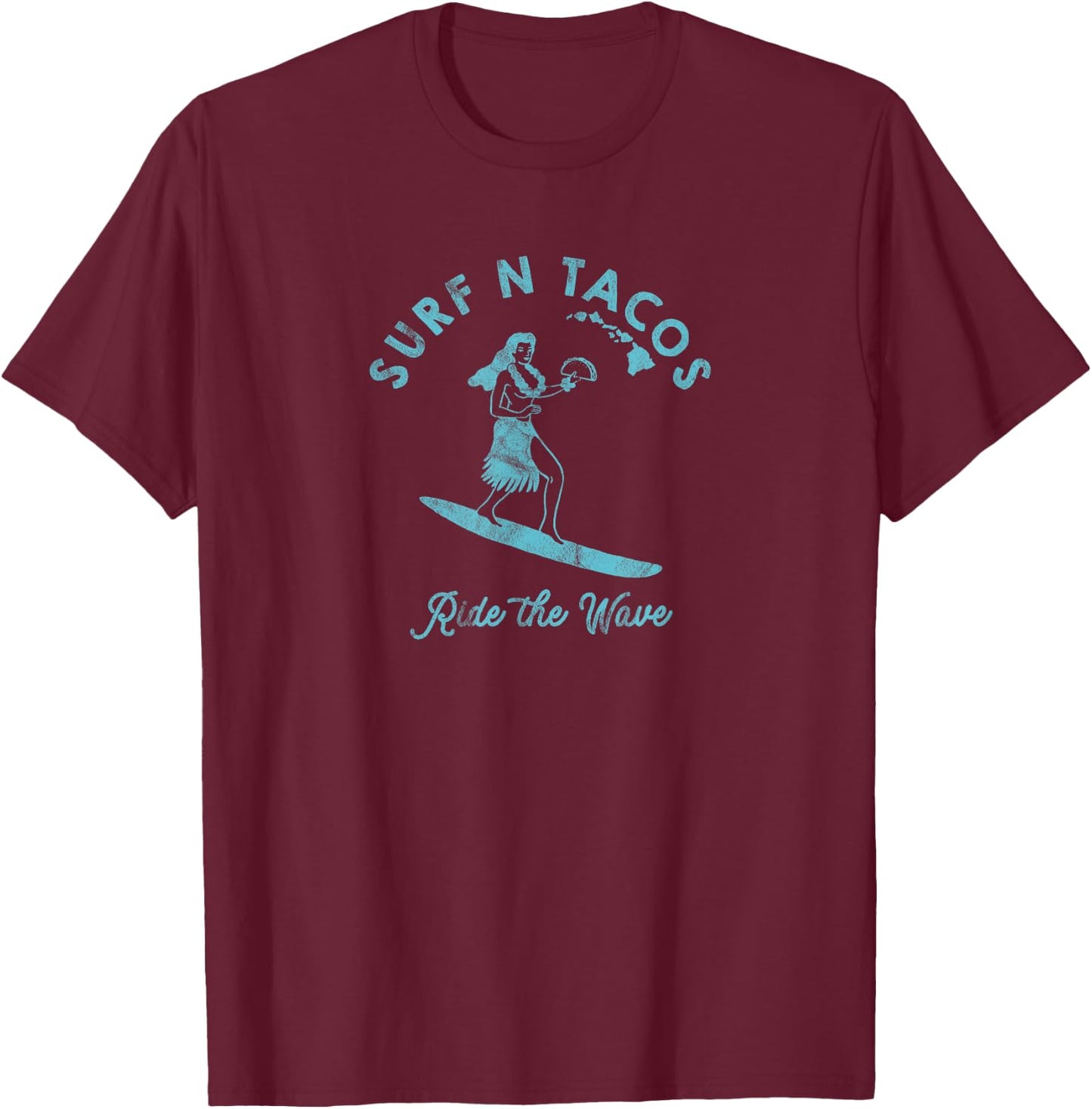 Hawaii Surf N Taco Surfer Hula Girl Vintage Style T-Shirt - T-Shirt | Maroon