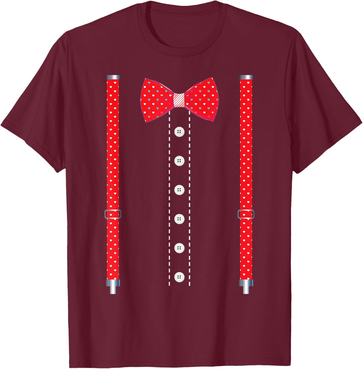 Red Hearts Bow Tie Suspenders Valentines Day Costume T-Shirt - T-Shirt | Maroon