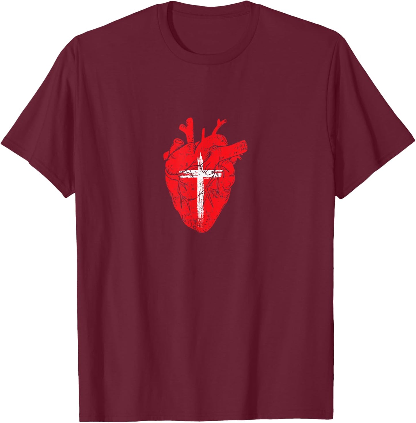 Red Heart Cross Design for Christian Believers T-Shirt - T-Shirt | Maroon