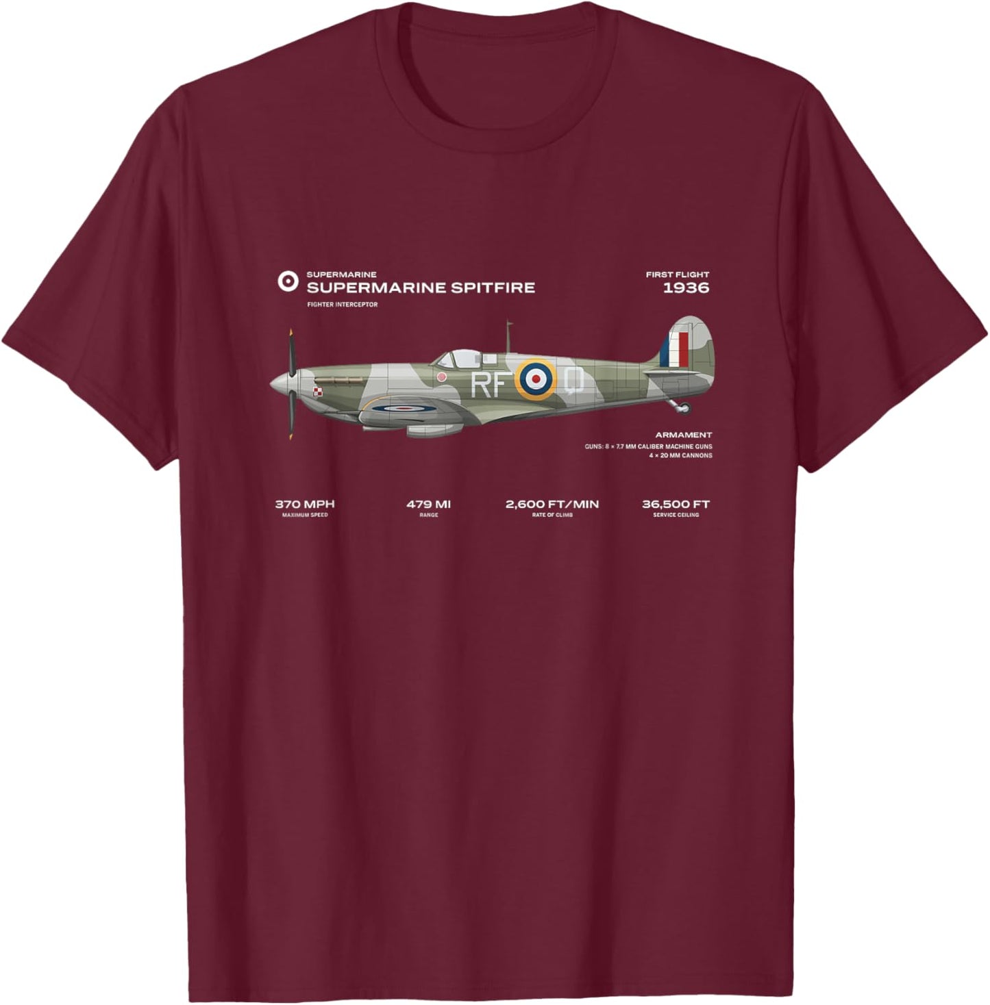 Supermarine Spitfire WWII Aeroplane British RAF T-Shirt - T-Shirt | Maroon