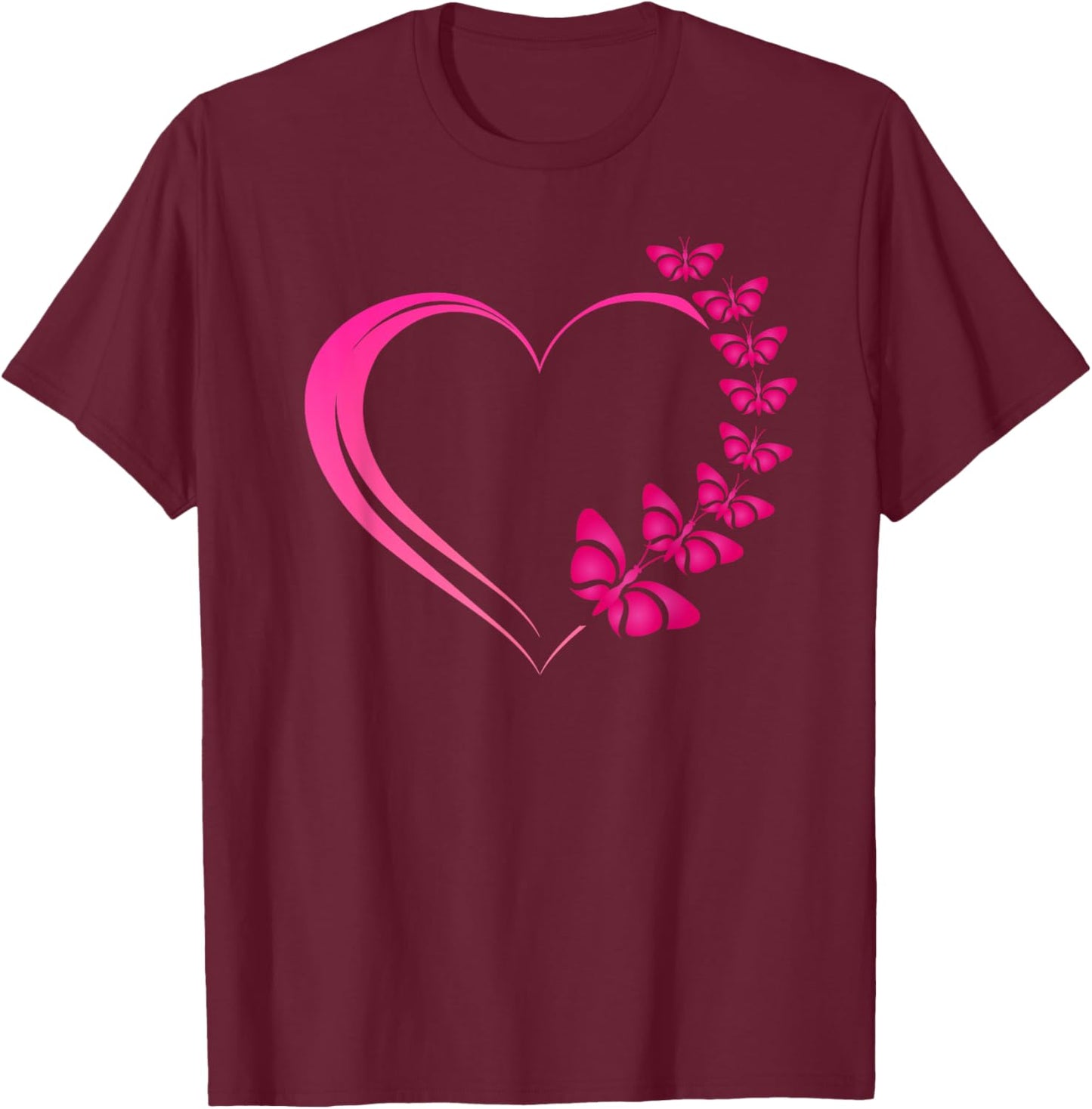 Hot Pink Heart with Pink Butterflies and Girls T-Shirt - T-Shirt | Maroon