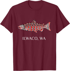 Ilwaco WA Native American Coho Salmon Fishermen T-Shirt - T-Shirt | Maroon