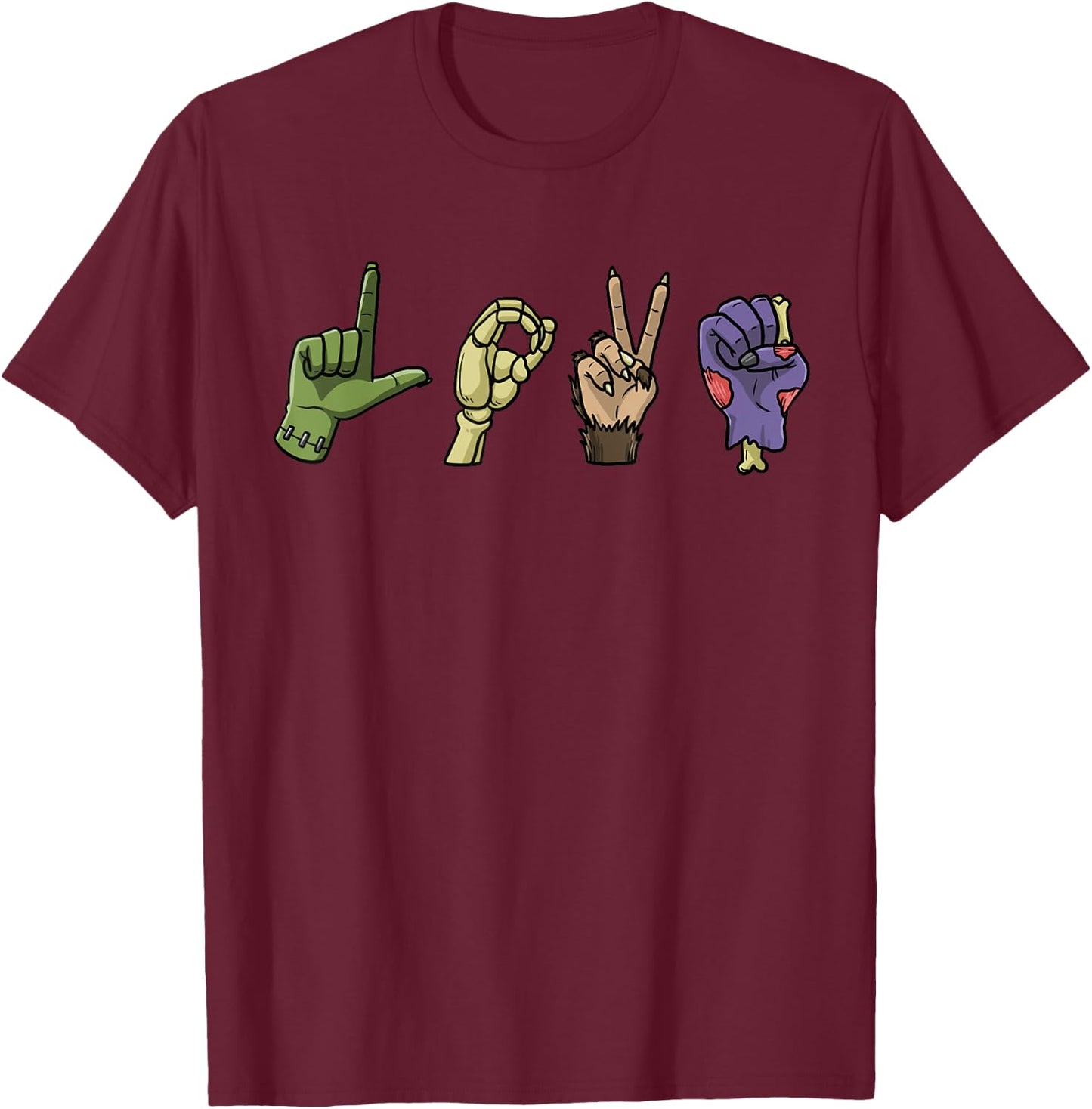 Halloween ASL LOVE Hand Sign Monsters Scary Creatures T-Shirt - T-Shirt | Maroon