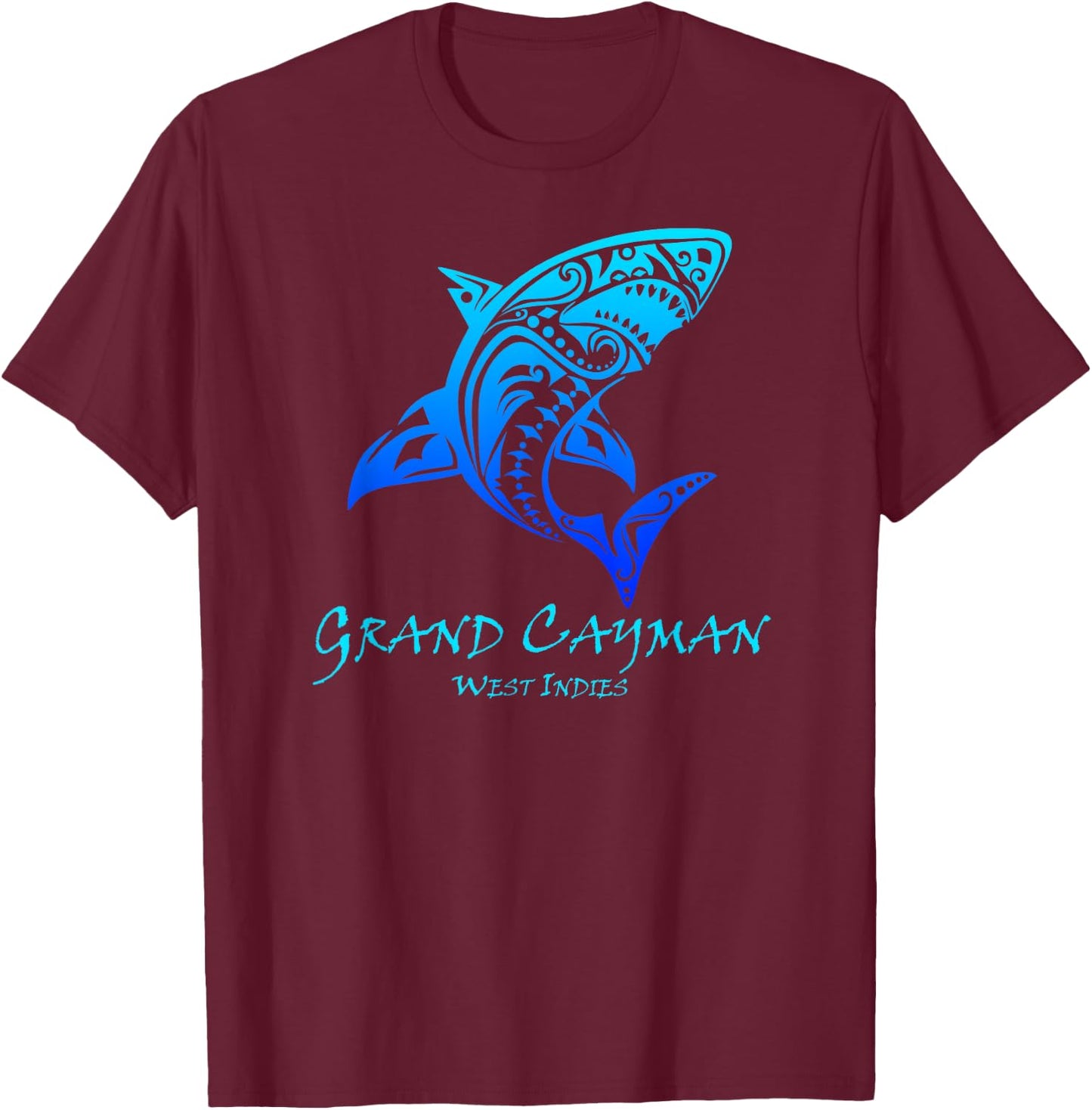 Grand Cayman West Indies Vintage Retro Tribal Shark Vacation T-Shirt - T-Shirt | Maroon
