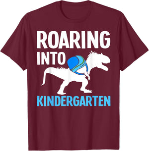 Roaring Into Kindergarten T-Rex First Day Of Kindergarten T-Shirt - T-Shirt | Maroon