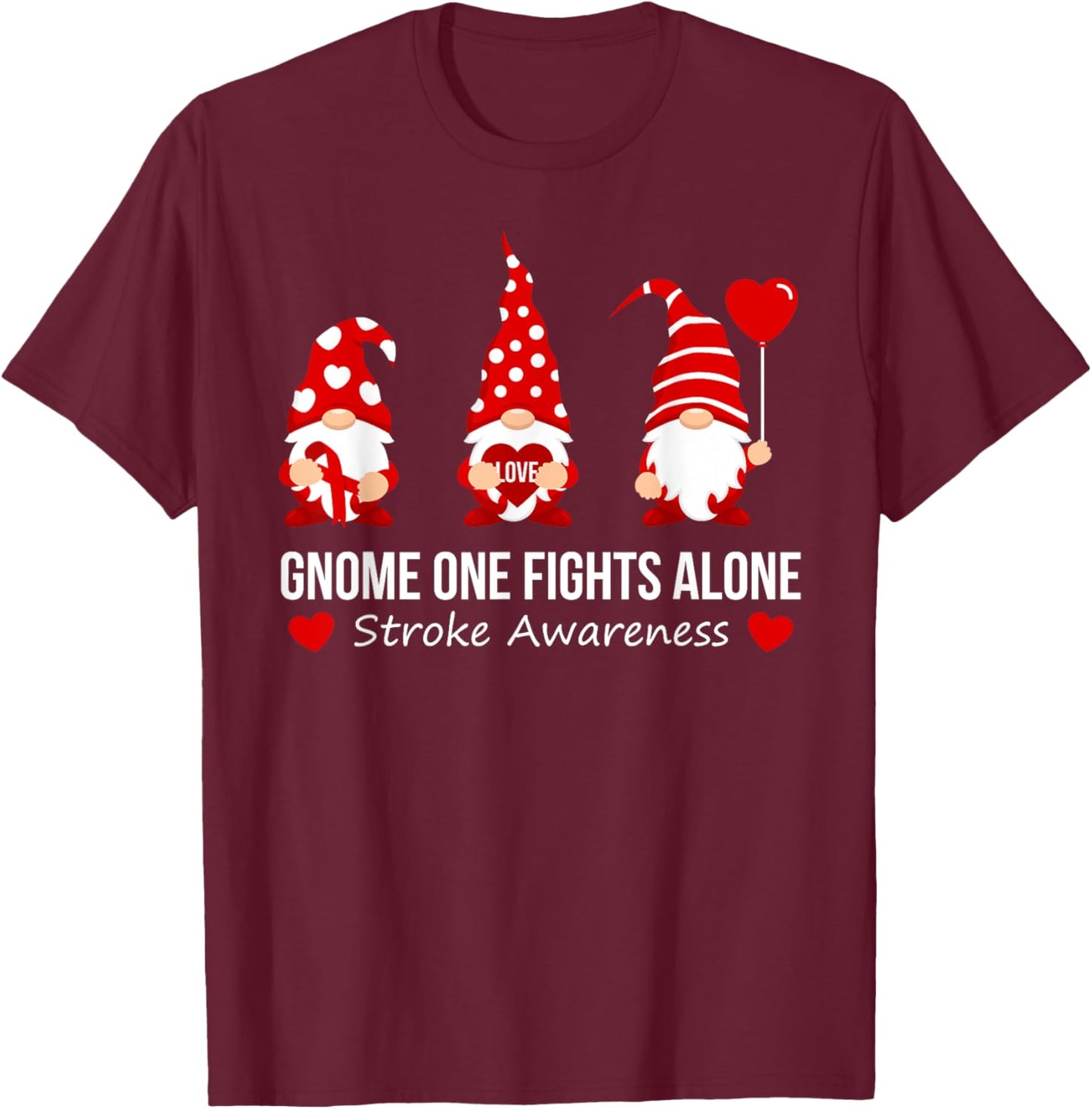 Gnome One Fights Alone Stroke Awareness Red Ribbon Survivor T-Shirt - T-Shirt | Maroon
