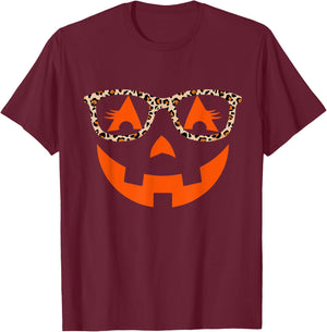 Jack O Lantern With Glasses Shirt Women Halloween Leopard T-Shirt - T-Shirt | Maroon