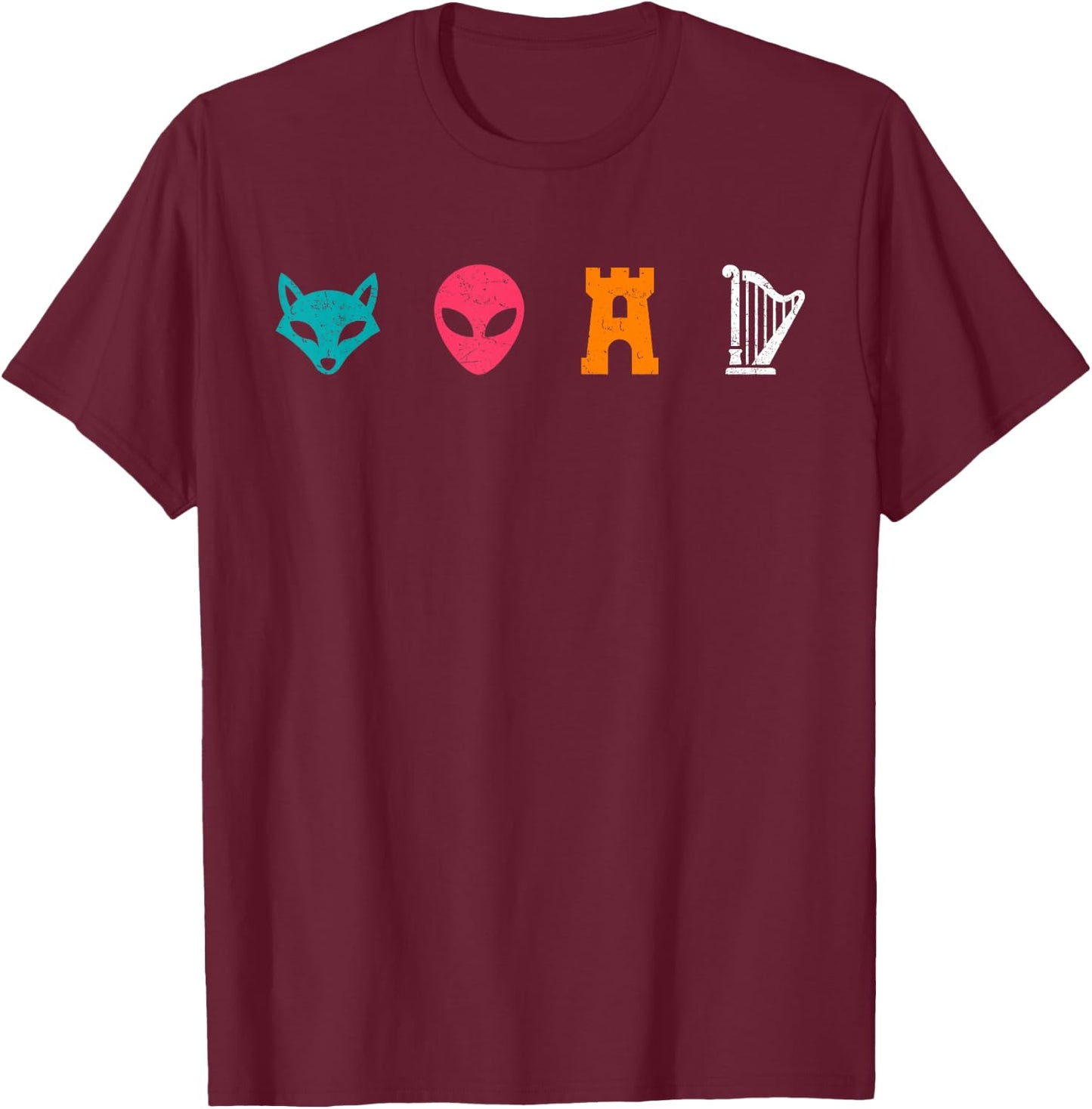 Retro Vintage Fox Alien Castle Harp T-Shirt - T-Shirt | Maroon